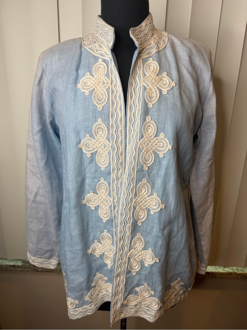 Mary Marshmallow Light Blue Embroidered Women's Jacket Ivory Trim Size Large